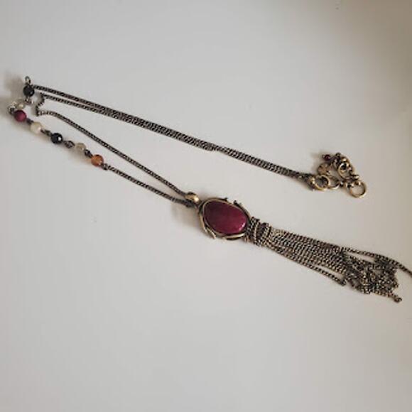 Lucky Brand Boho Necklace with Carnelian Center Stone Gold Tone Chain with Beads - Picture 7 of 8